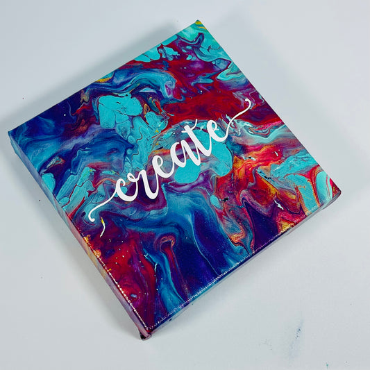 The Pablo Create Block. A colorful hand painted painting that says 'create'